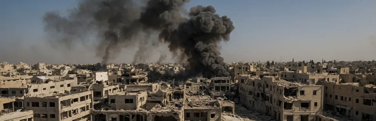 Black smoke coming from within a destroyed city in Iran after US missile strike
