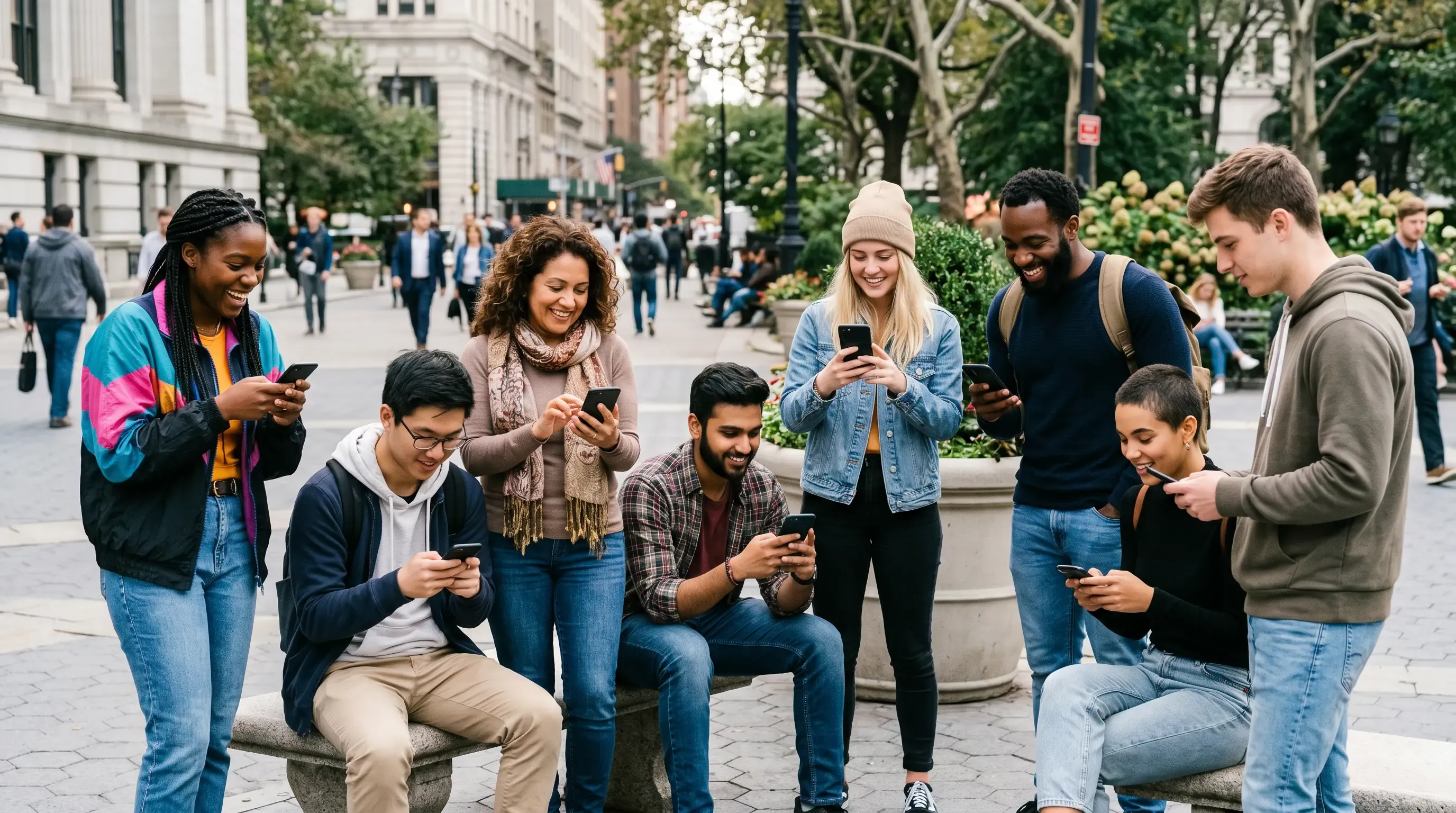 An image of a diverse group of people scrolling their phones outside