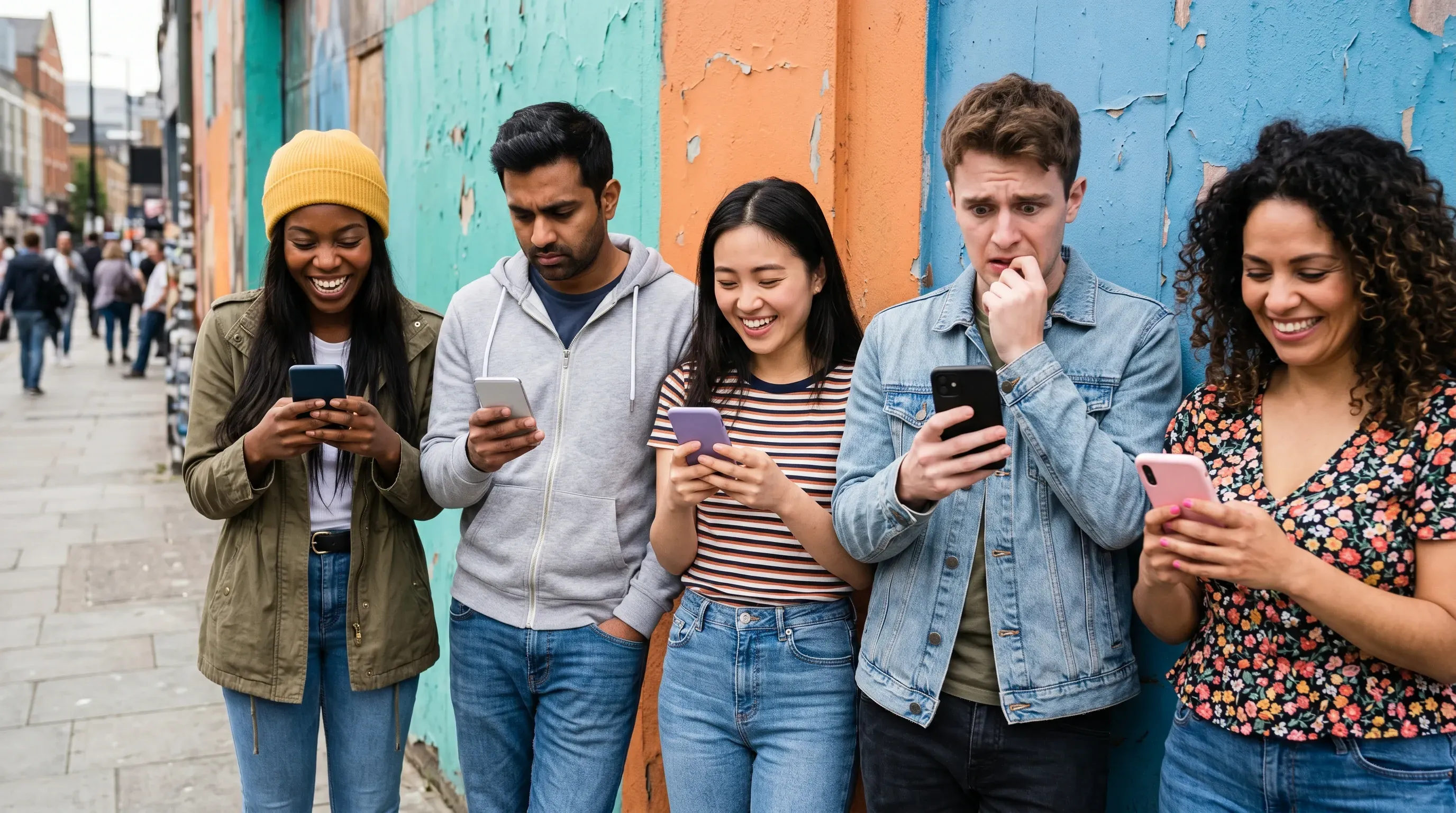An image of a diverse group of people texting on their phones outside
