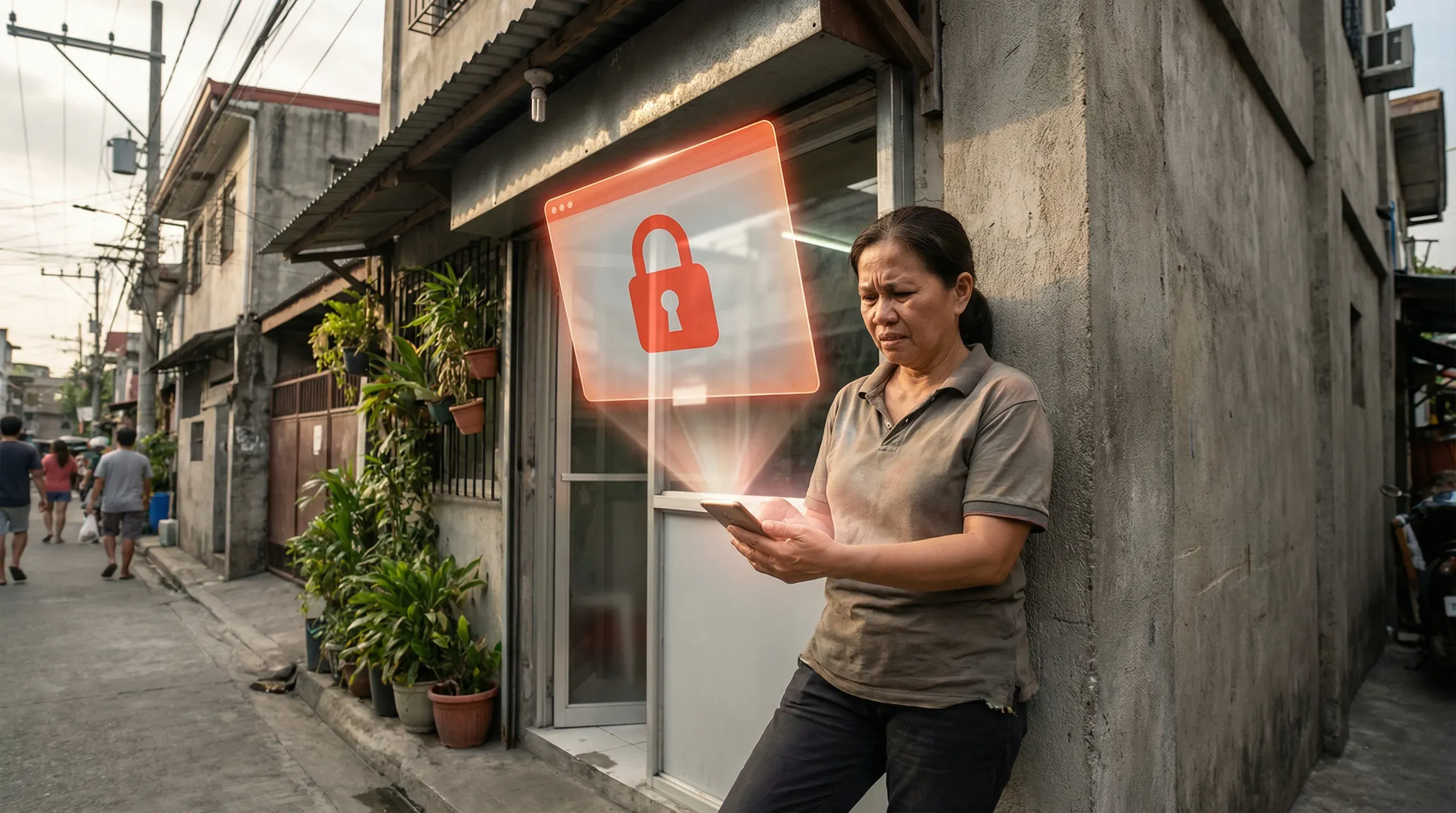 Woman in Philippines stands near her small business looking at her smartphone with a frustrated face due to the phone displaying restricted access