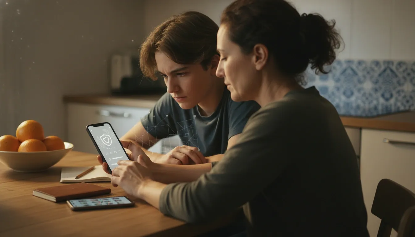 Mom is giving parental consent for her son to use social media while the teen is impatiently watching while she does it
