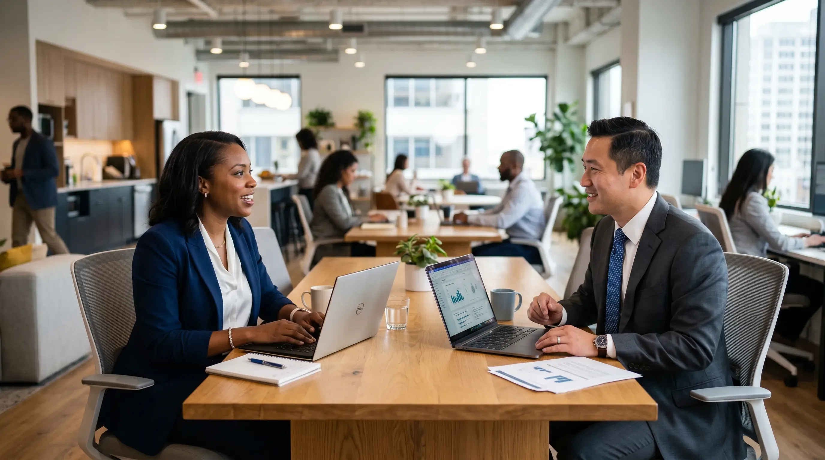 An image of two smartly dressed professionals speaking in an open concept office