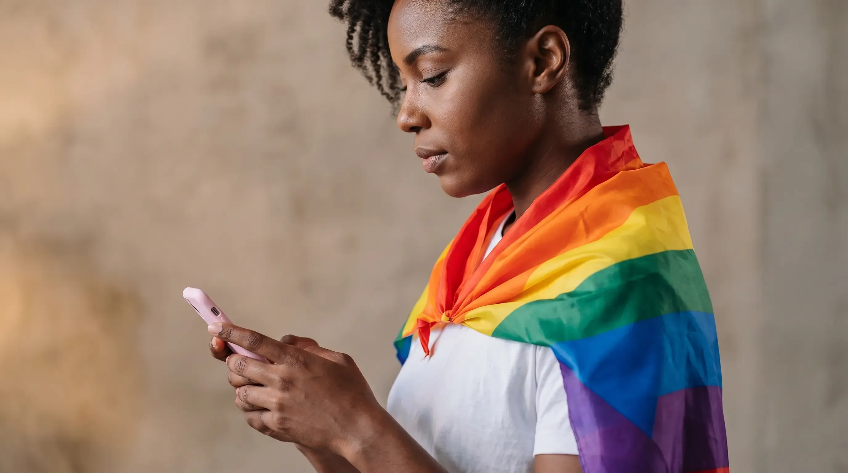 A woman of color using her phone outside with pride flag over her shoulders