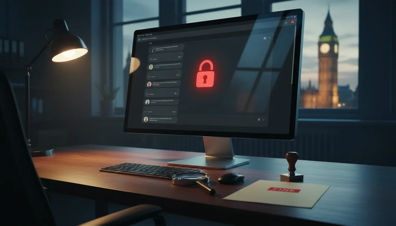 PC displays an online forum that is locked behind age verification wall while papers indicating a fine lay nearby
