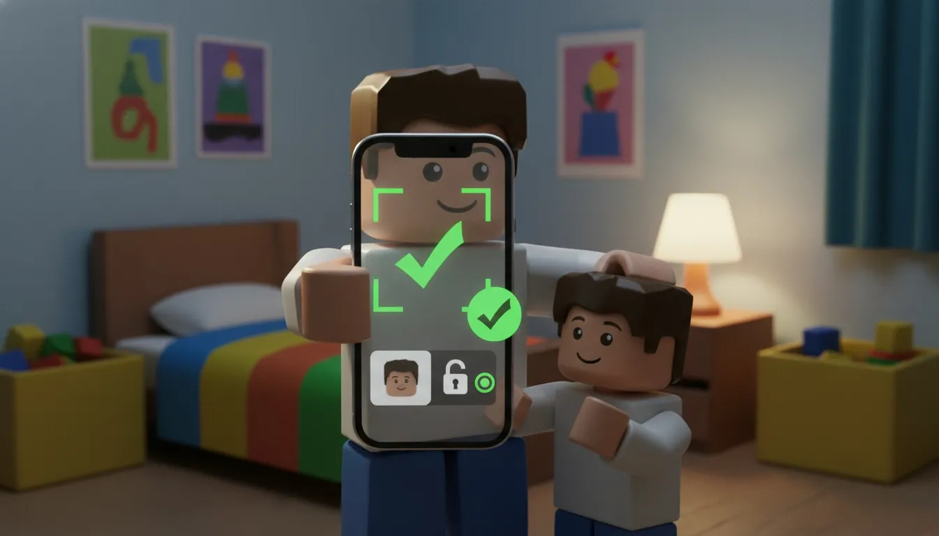 Roblox-style image of a parent holding a phone, passing the age verification for their child who's standing next to them
