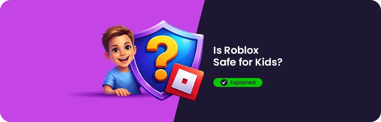 An illustration showing a young boy next to the Roblox logo