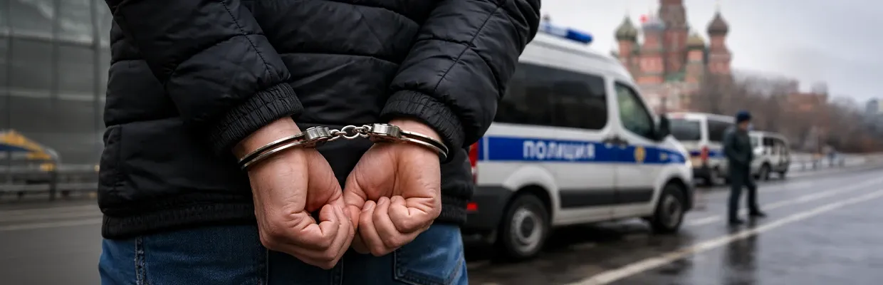 Person with hands handcuffed behind their back is standing in front of a Russian police van during protests