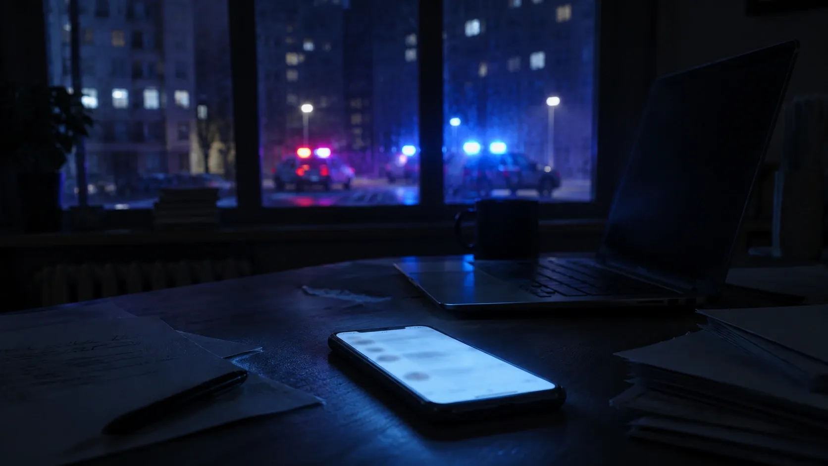 A phone displaying messaging app lays on a table while Russian buildings an police lights can be seen through the window
