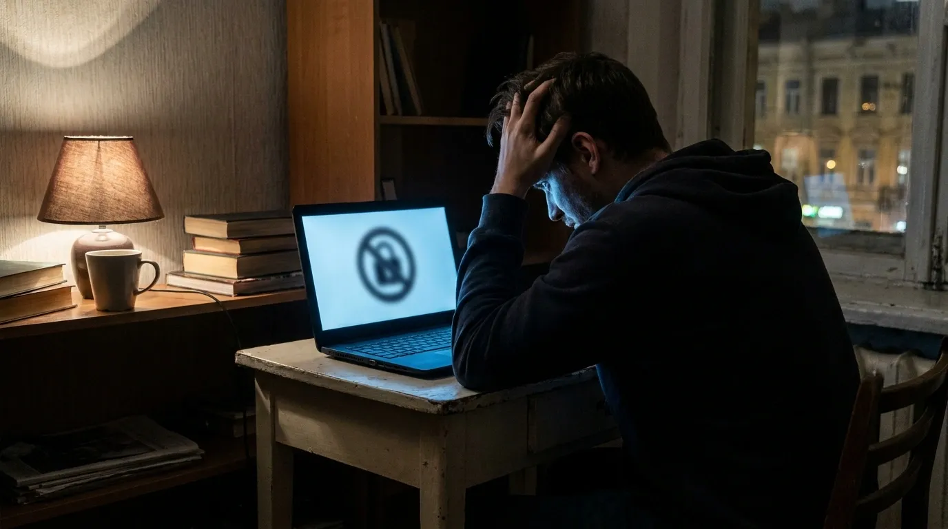 Man in Russia holds his head while sitting in front of this laptop because of being denied secure access