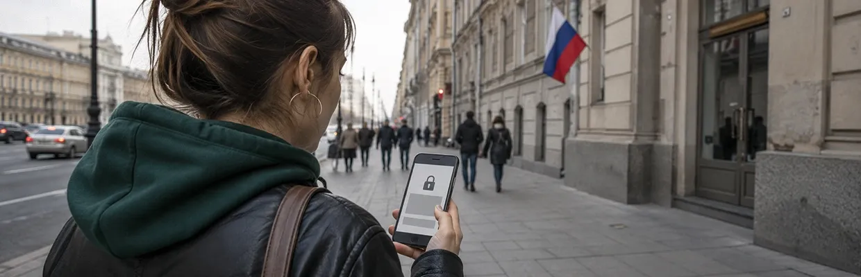 A Russian woman outside tries to use her phone
