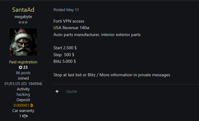 A screenshot of a cybercrime forum post by SantaAd