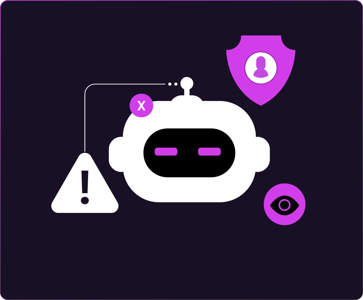 Illustration of a robot face surrounded by security icons, including a warning sign, a privacy shield, and an eye symbol, representing concerns about AI privacy, surveillance, and data protection.