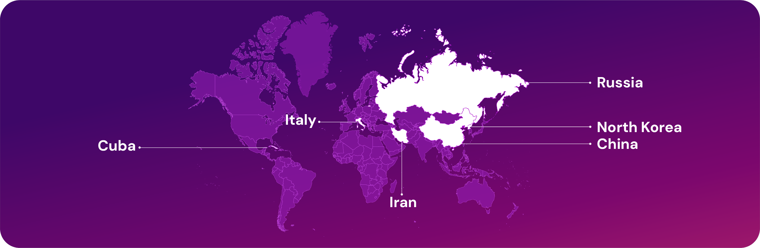 World map highlighting countries where ChatGPT or AI tools may be restricted or monitored—Cuba, Italy, Iran, Russia, North Korea, and China—shown in white against a purple background.