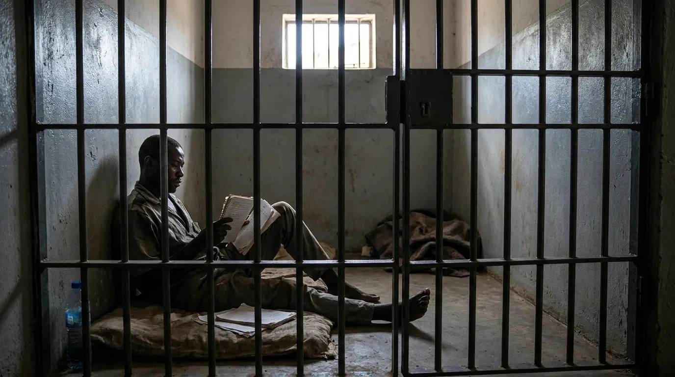 A Senegalese journalist reading his notebook is sitting behind the bars in prison