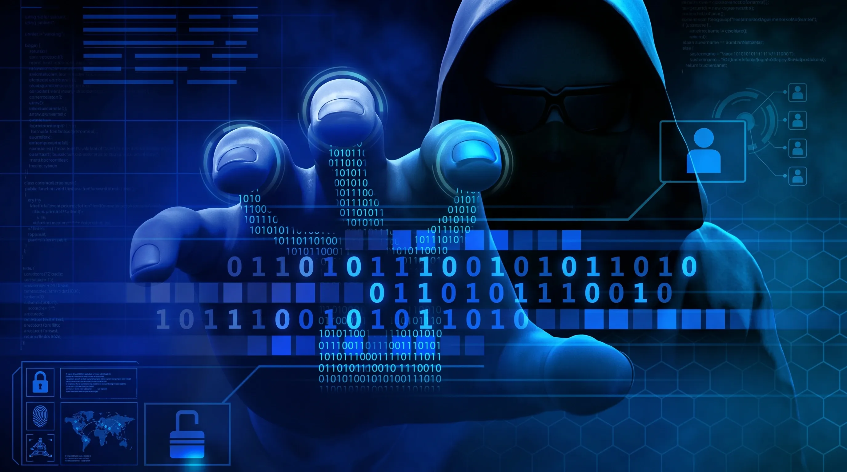 An image of a hooded hacker in the shadows