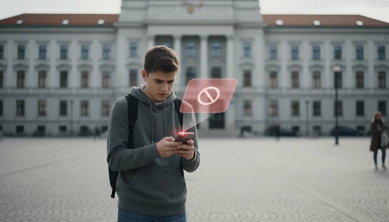 Teenager in Slovenia is standing in front of the government building, frustrated because he is being blocked on social media