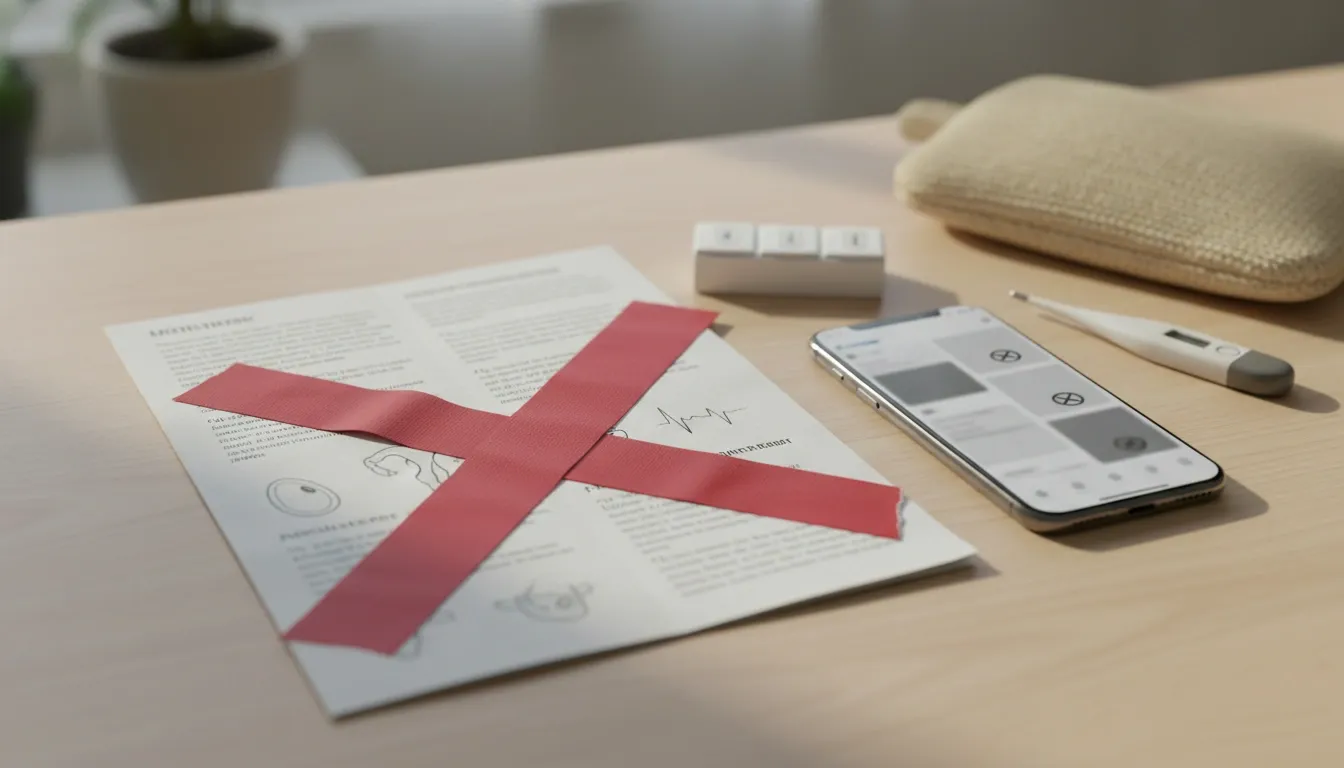 A pamphlet about women's health is laying on the table crossed out with red tape indicating censorship 