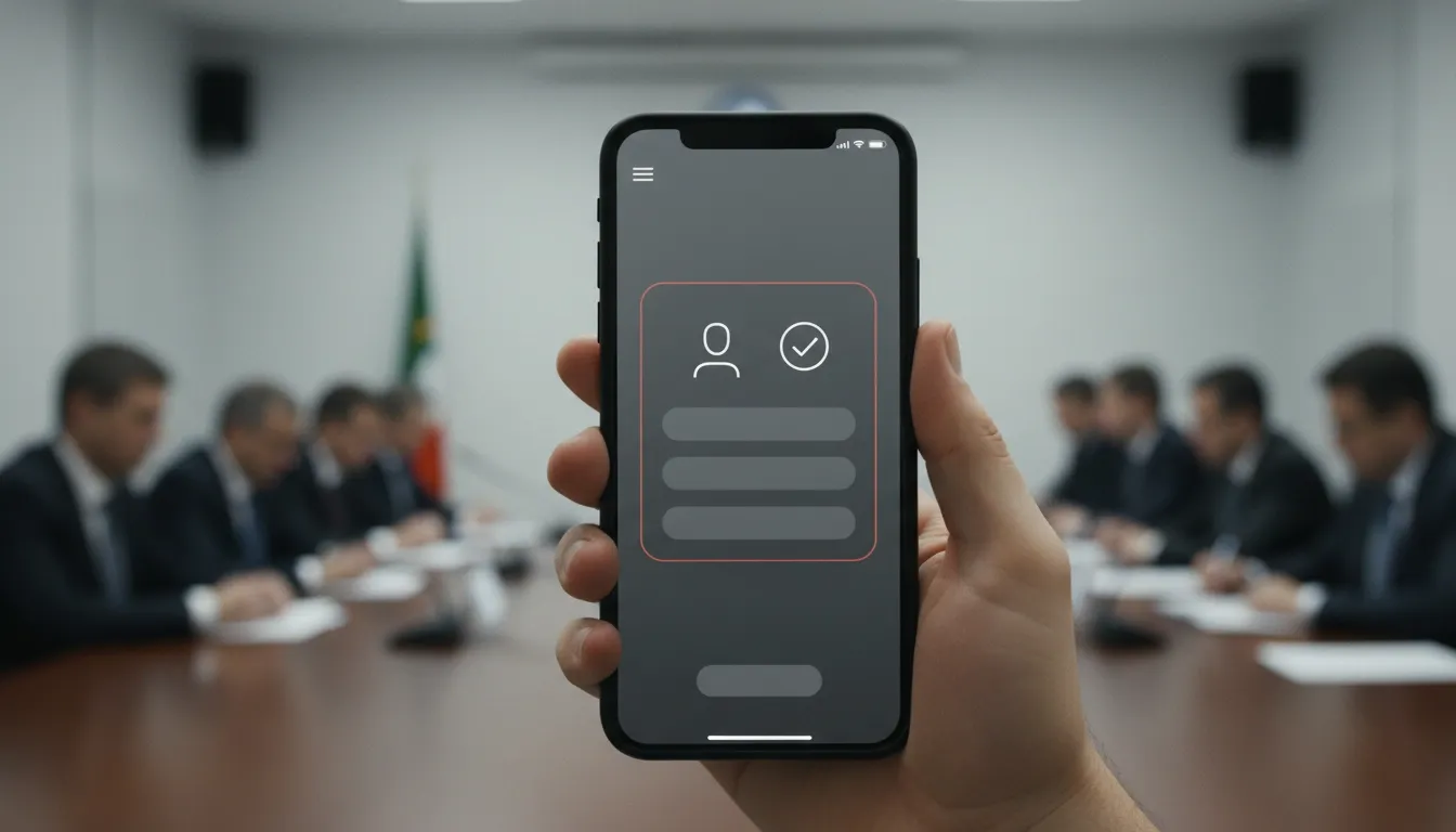 A person is holding a phone with an age verification pop-up while the politicians in the background are discussing social media ban in South Africa