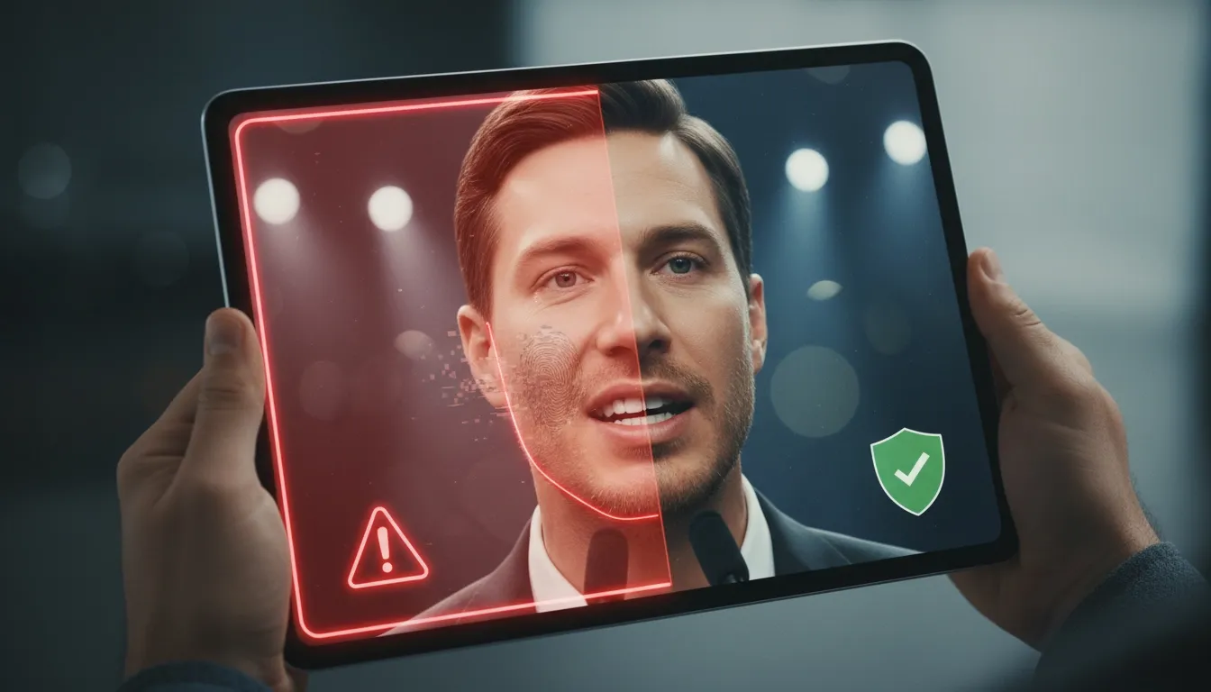 Person watching a deepfake political speech video which is being identified as AI