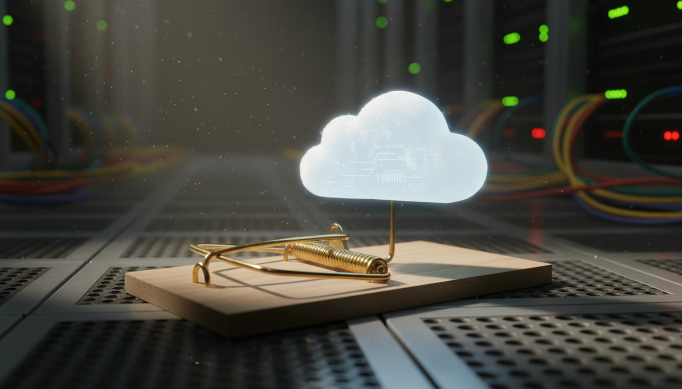 A cloud icon sits as bait inside a classic mouse trap on a server-room floor