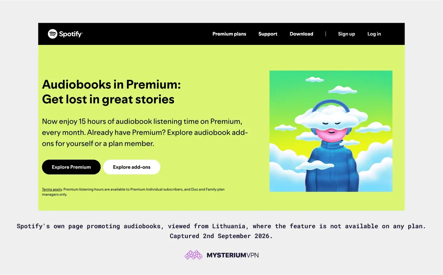 Spotify's own page promoting audiobooks, viewed from Lithuania, where the feature is not available on any plan. Captured 2nd September 2026.