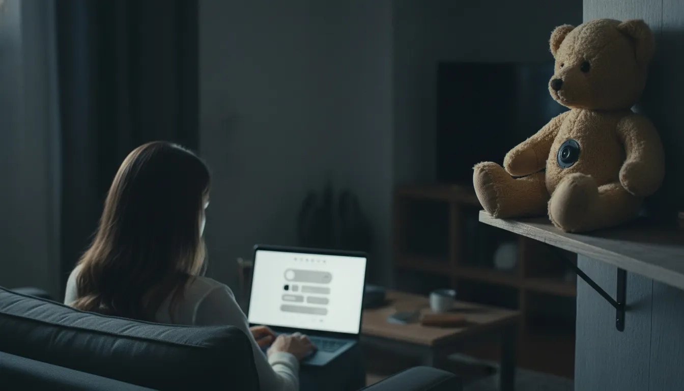 A person is using their laptop while a teddy bear with a secret camera is spying on them