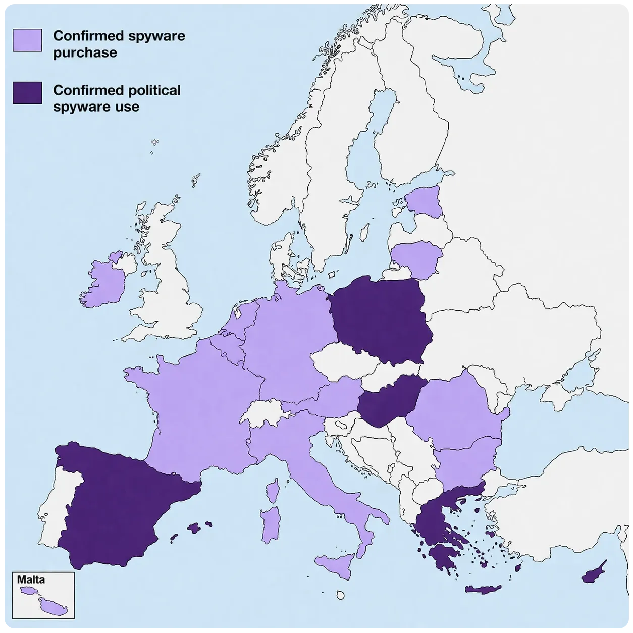 Map showing which countries in Europe have been documented to use, purchase, or be otherwise involved with spyware