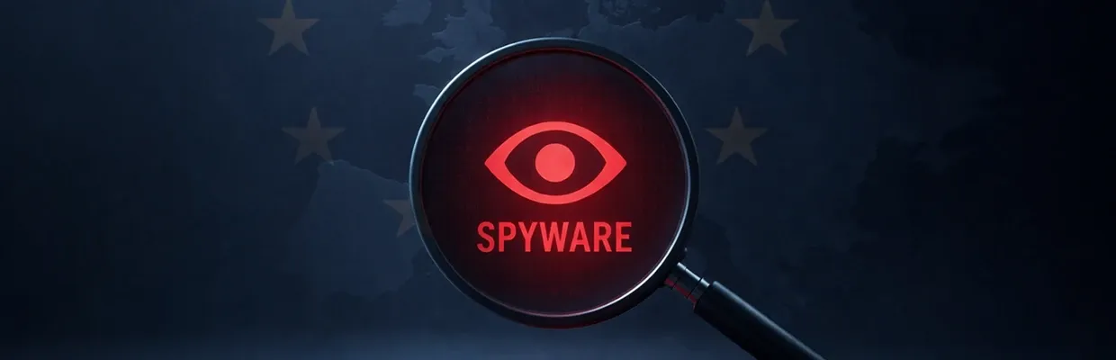 A magnifying glass being held in front of a darkened EU flag shows spyware