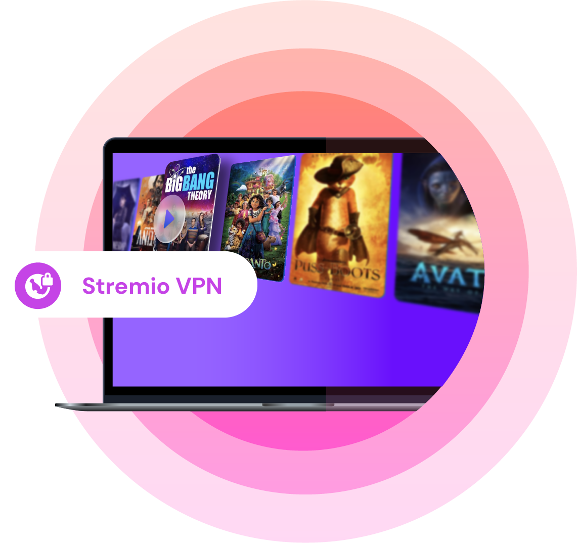 Laptop screen displaying the Stremio interface with popular movie and TV show posters, overlaid with a label that reads “Stremio VPN” and a shield icon, set against a pink gradient background.