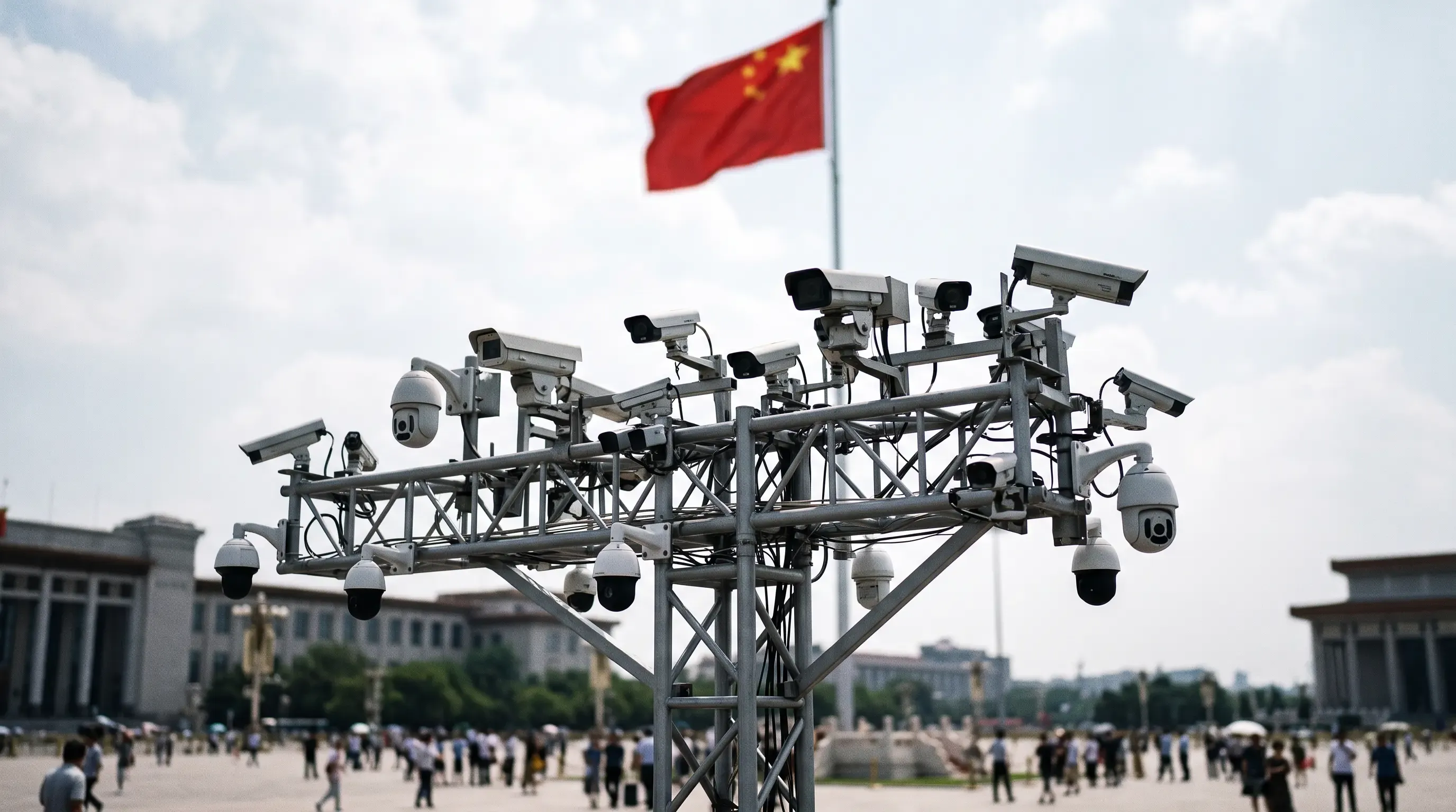 An image of surveillance cameras in front of a blurred Chinese flag