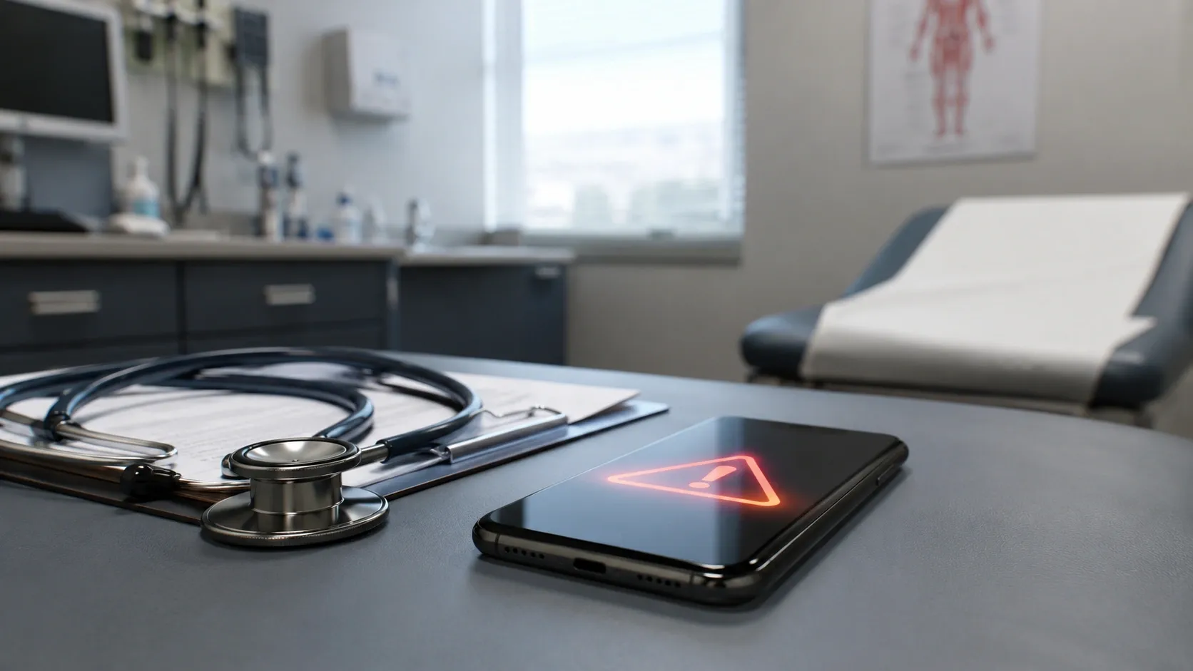 A smartphone lays on a doctor's table showing a bright red warning sign
