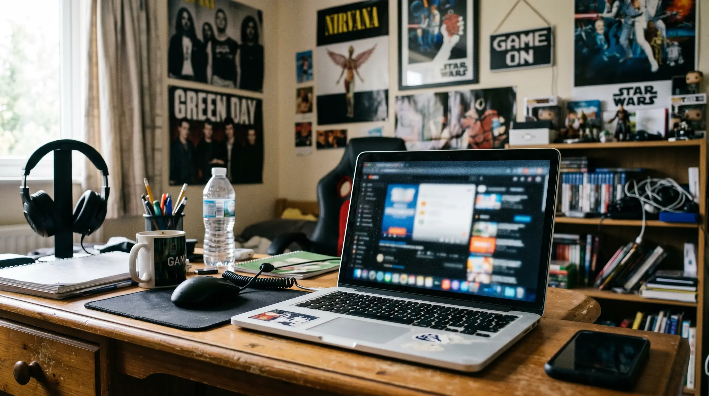 An image of a laptop on a teenage boy's bedroom table