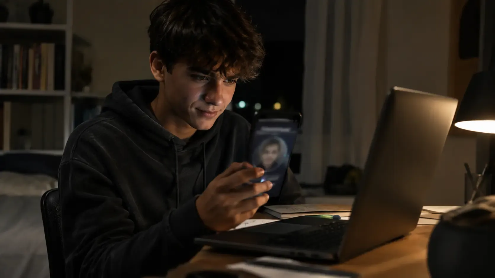 Teenage boy looking at his phone in his dark bedroom