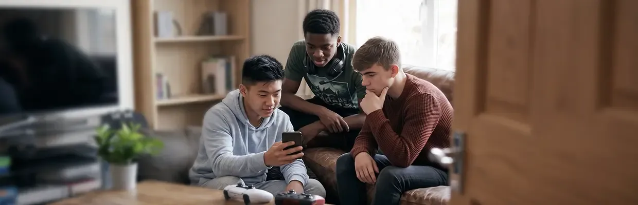 An image of three teenage boys looking at a phone
