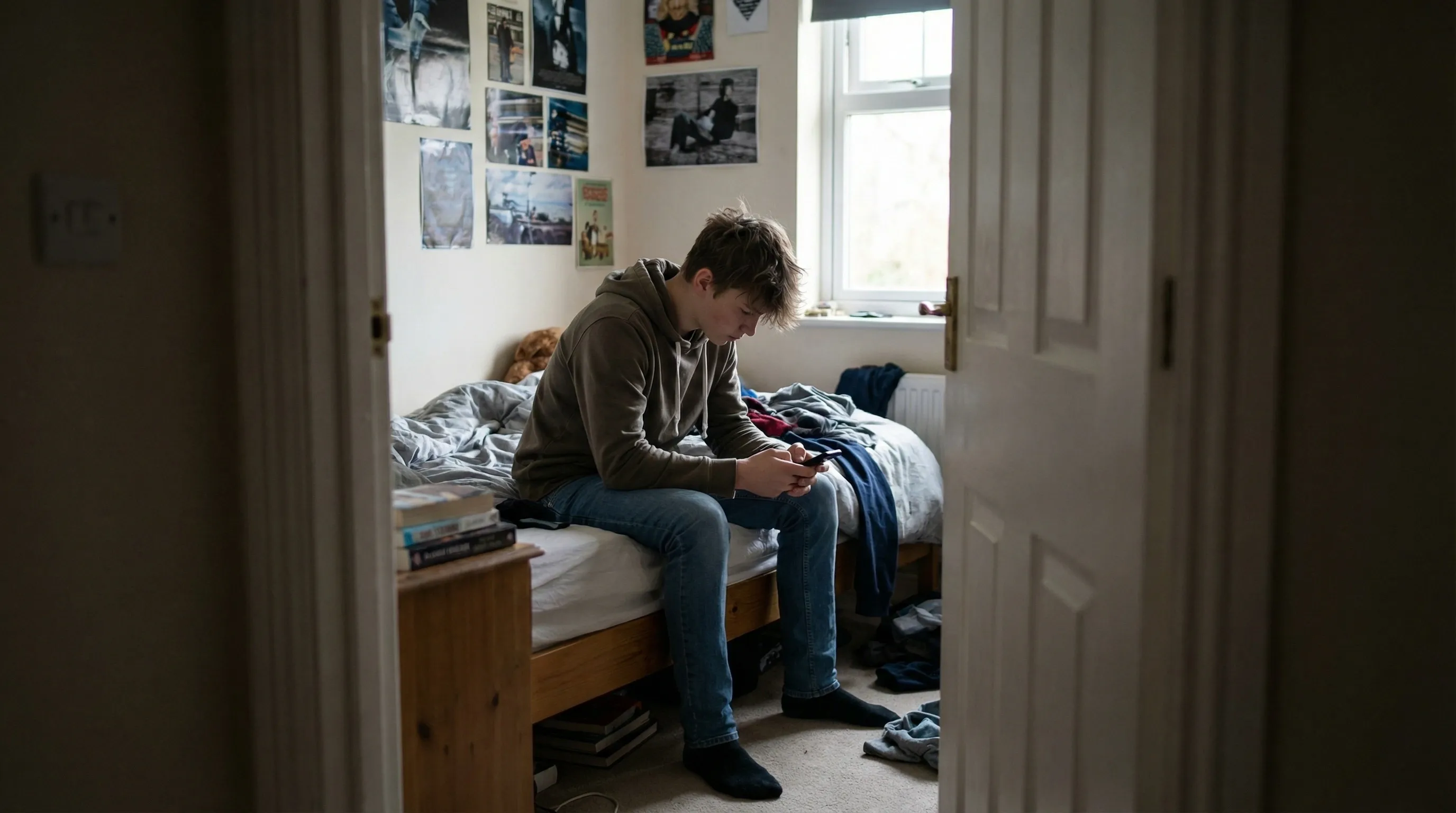 An image of a teenage boy browsing his phone in his bedroom