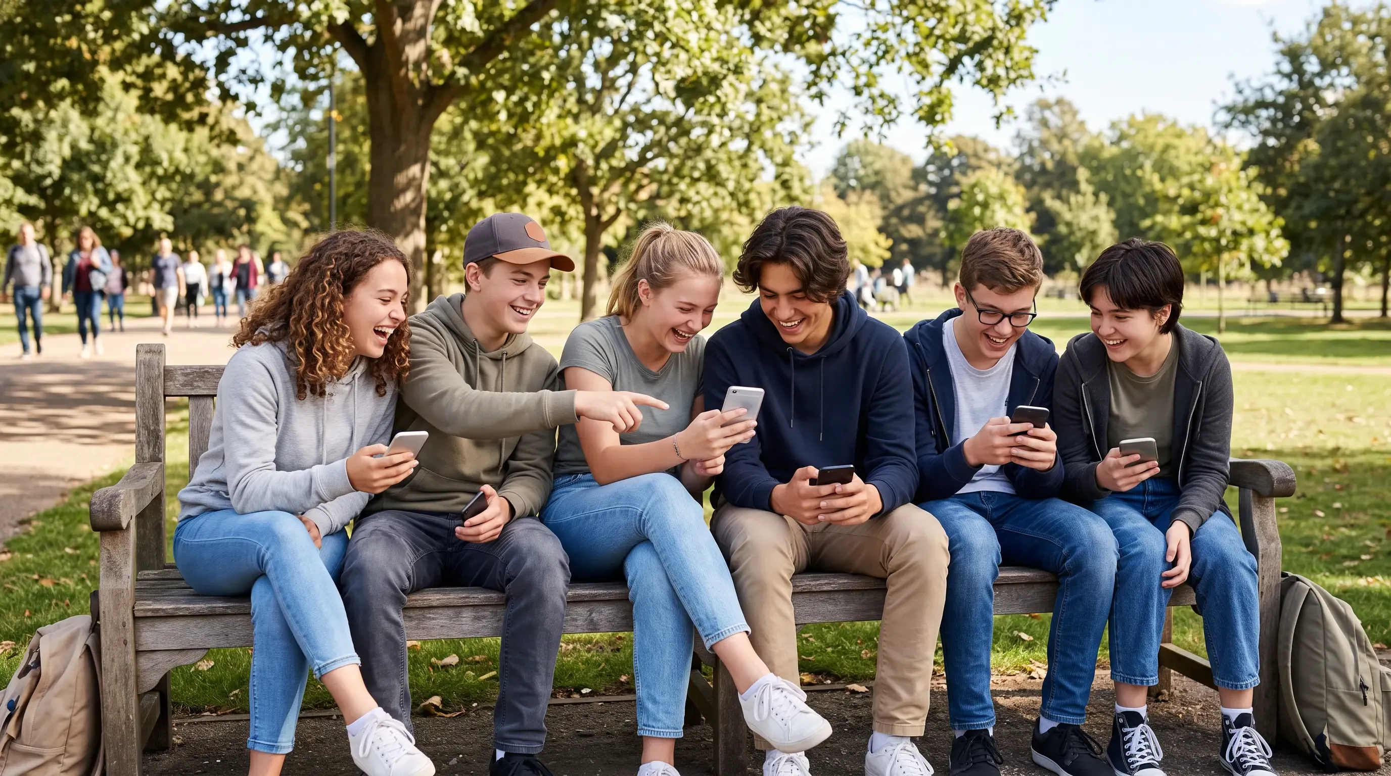 An image of a group of teens laughing outside looking at their phones