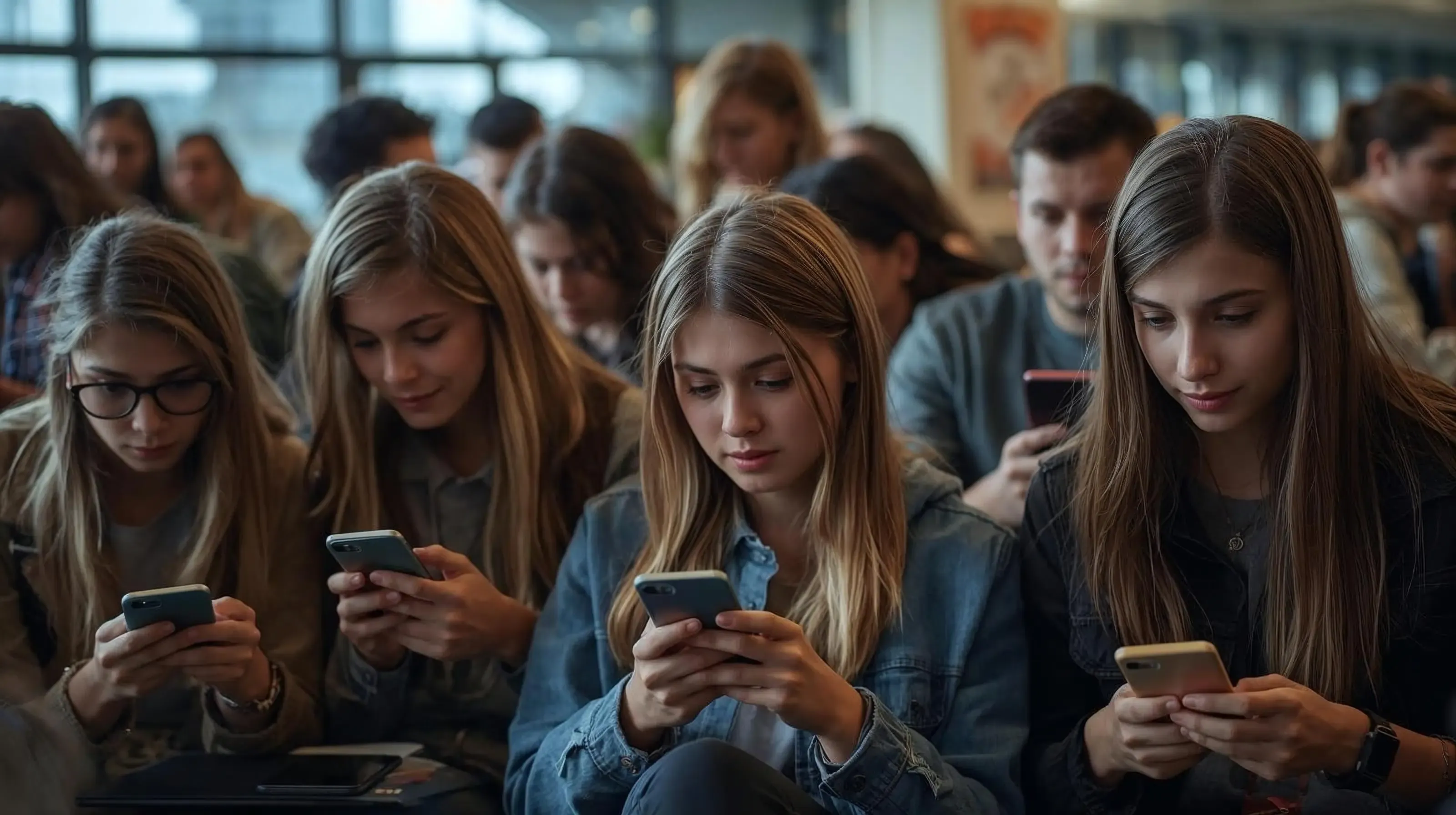 A group of teenagers using their phones