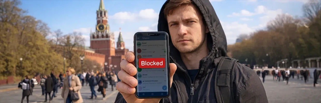 A man in Russia is holding a smartphone which shows a messaging app with blocked access
