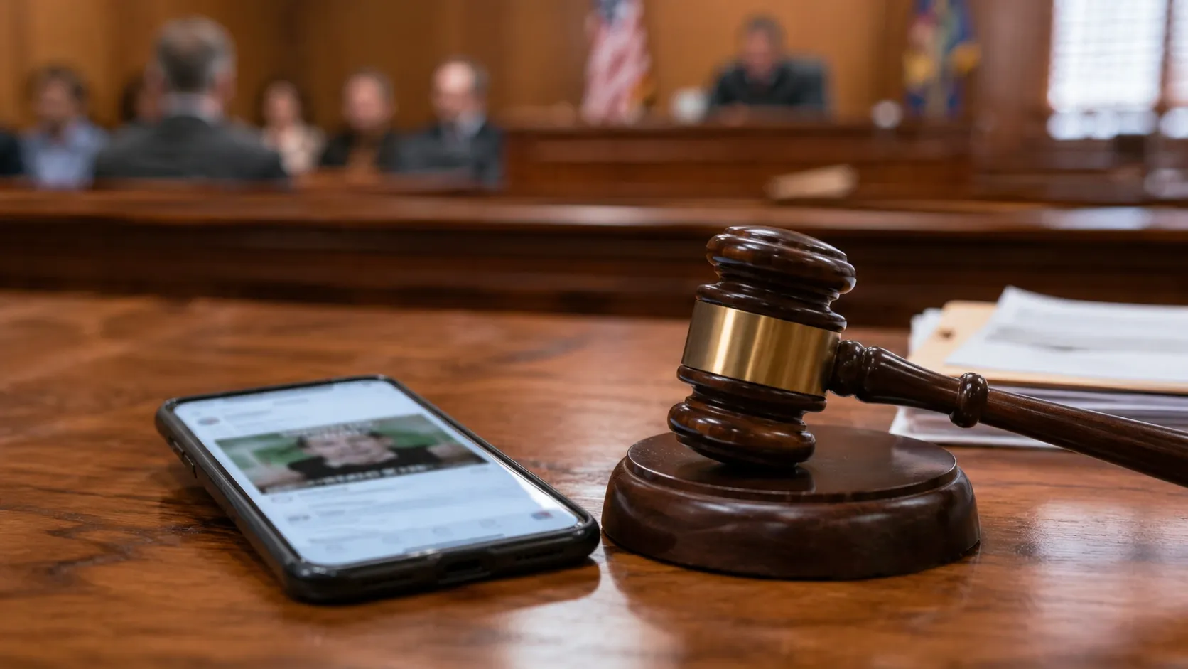 A courtroom with people in the background and judge's gavel and a smartphone displaying a meme laying on the table in the foreground