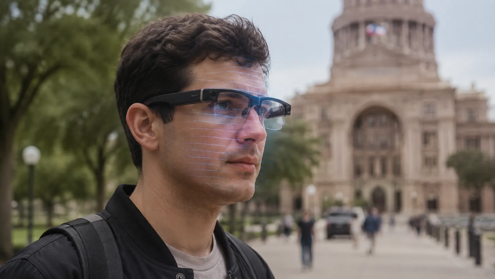 A person wearing AI glasses simultaneously has their face scanned for biometric data collection
