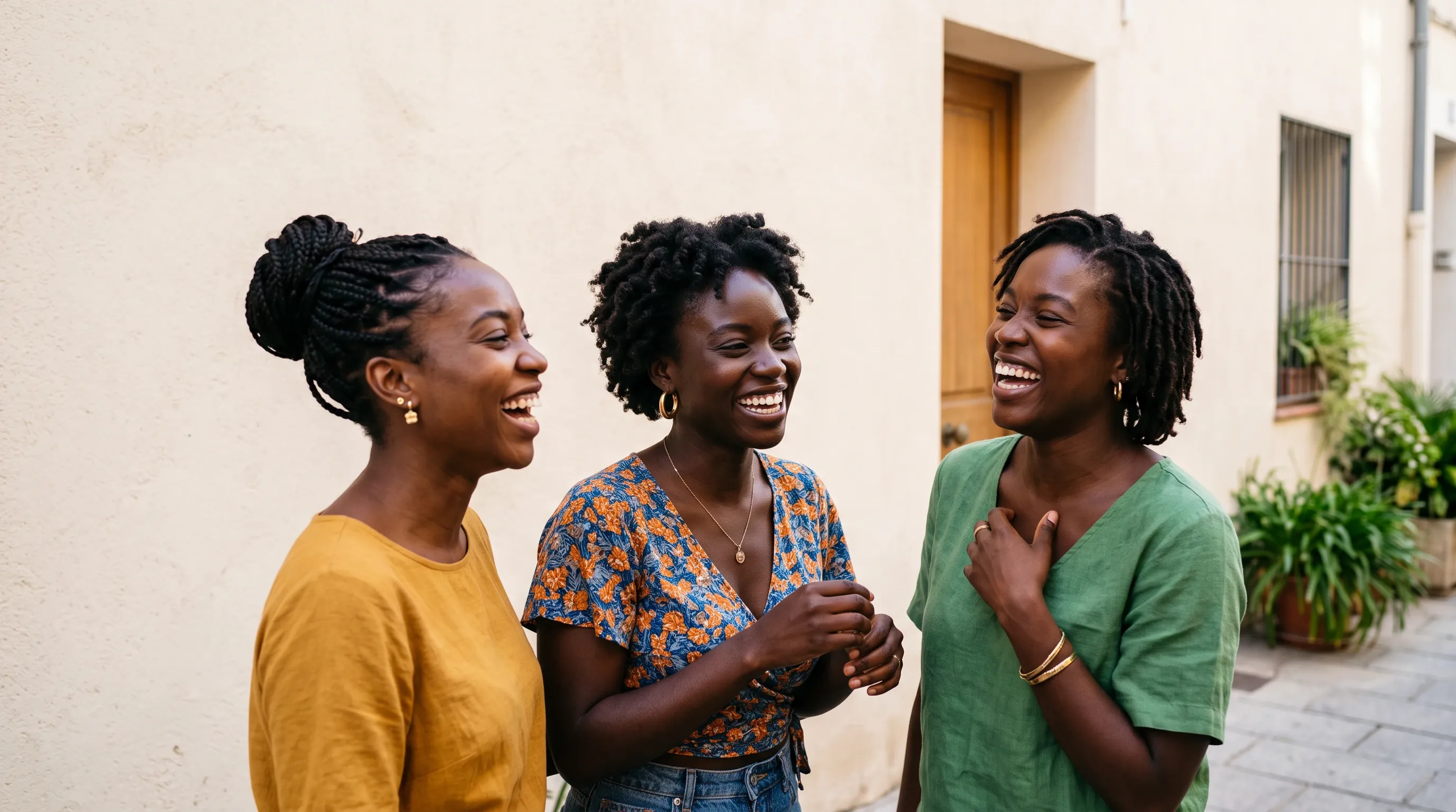 A photo of three dark-skinned women laughing against a light yellow building wall