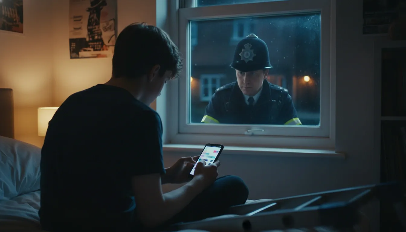 A kid is sitting on their bed, scrolling their phone, while a policeman is standing at their window, watching everything the kid does