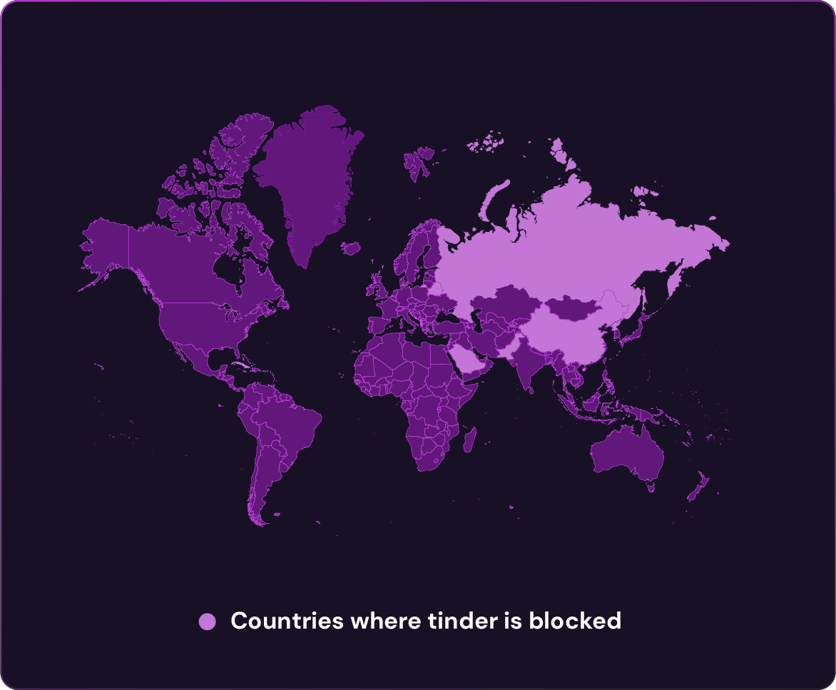 World map highlighting countries where Tinder is blocked or restricted, shown in lighter purple compared to unrestricted regions.