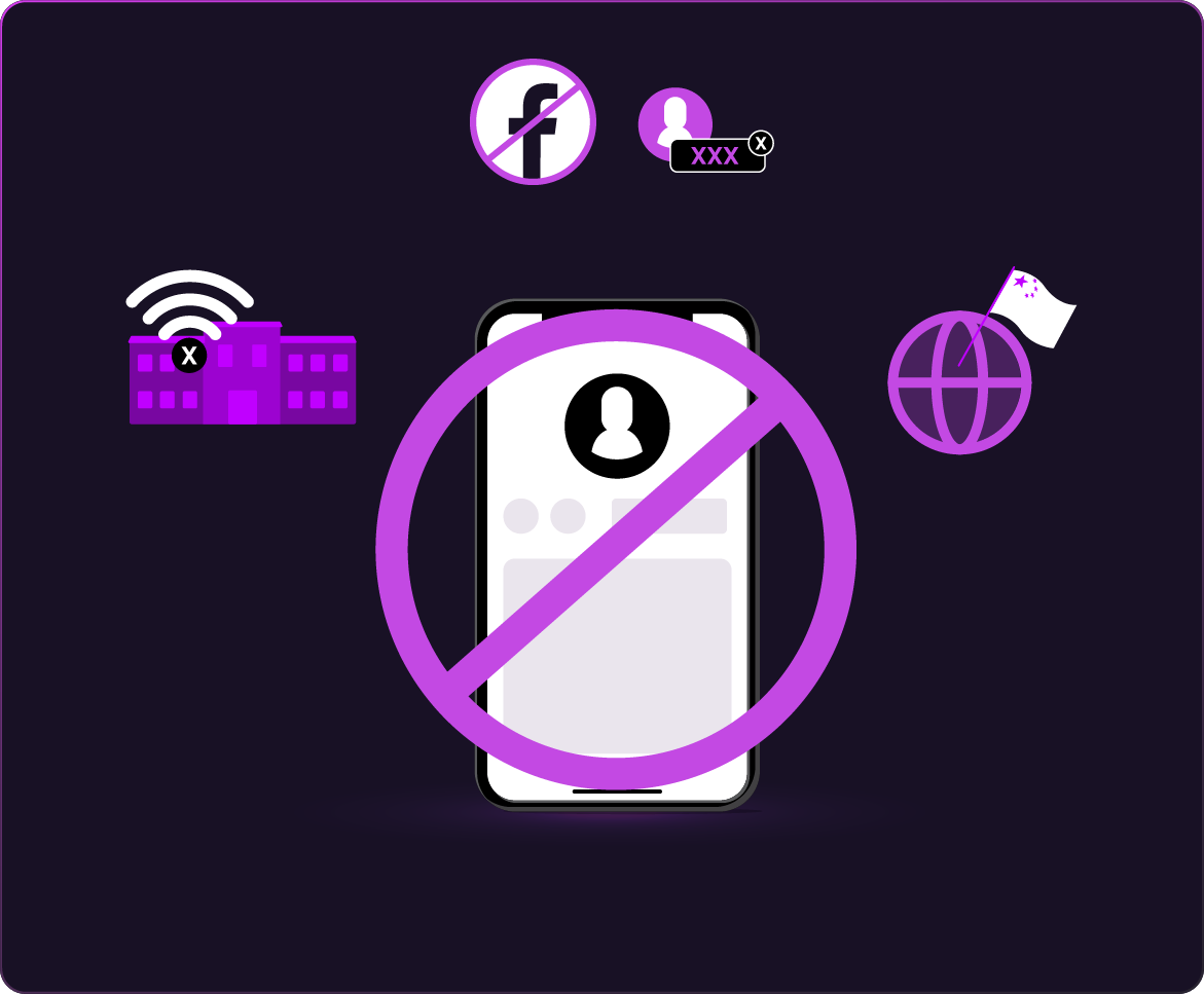 Illustration of a smartphone with a large block symbol over it, surrounded by icons representing restrictions on Tinder—such as censorship by governments, schools, workplaces, and content blocks.