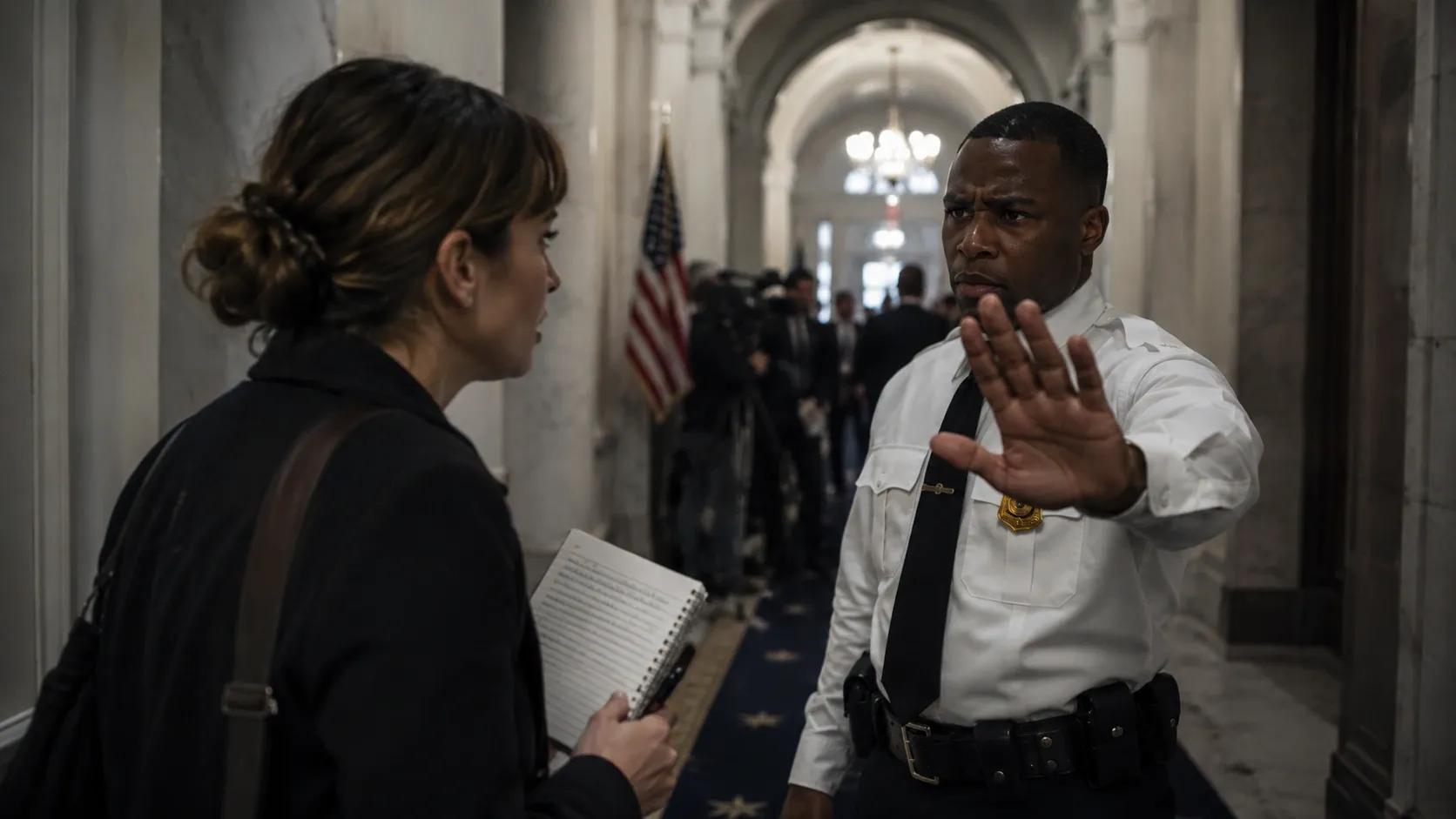 A White House security guard is stopping the journalist in the hallway
