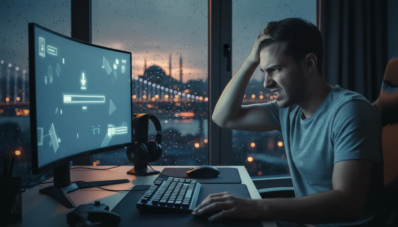 A gamer in Turkey is clearly frustrated as he's looking at his monitor which is showing extremely slow download speed