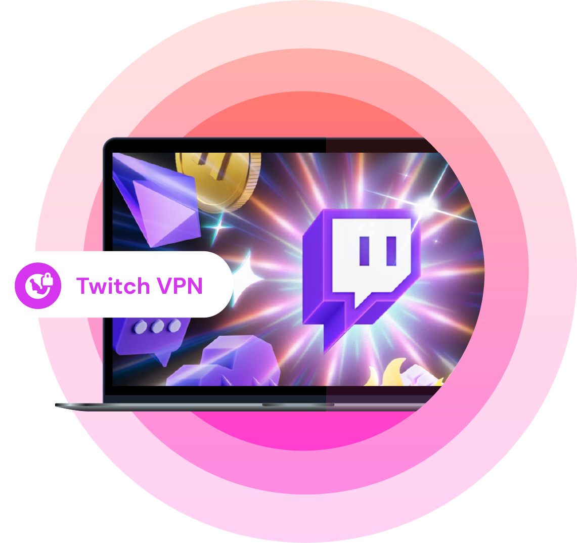 Illustration of a laptop screen displaying the Twitch logo with colorful gaming icons, surrounded by a pink-to-orange gradient circle, labeled ‘Twitch VPN’.