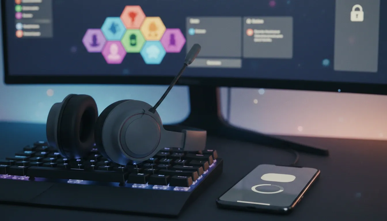 Smartphone with an age verification face scan prompt open is laying on a table next to a gaming keyboard, headphones, and a monitors which is showing a gaming hub screen open