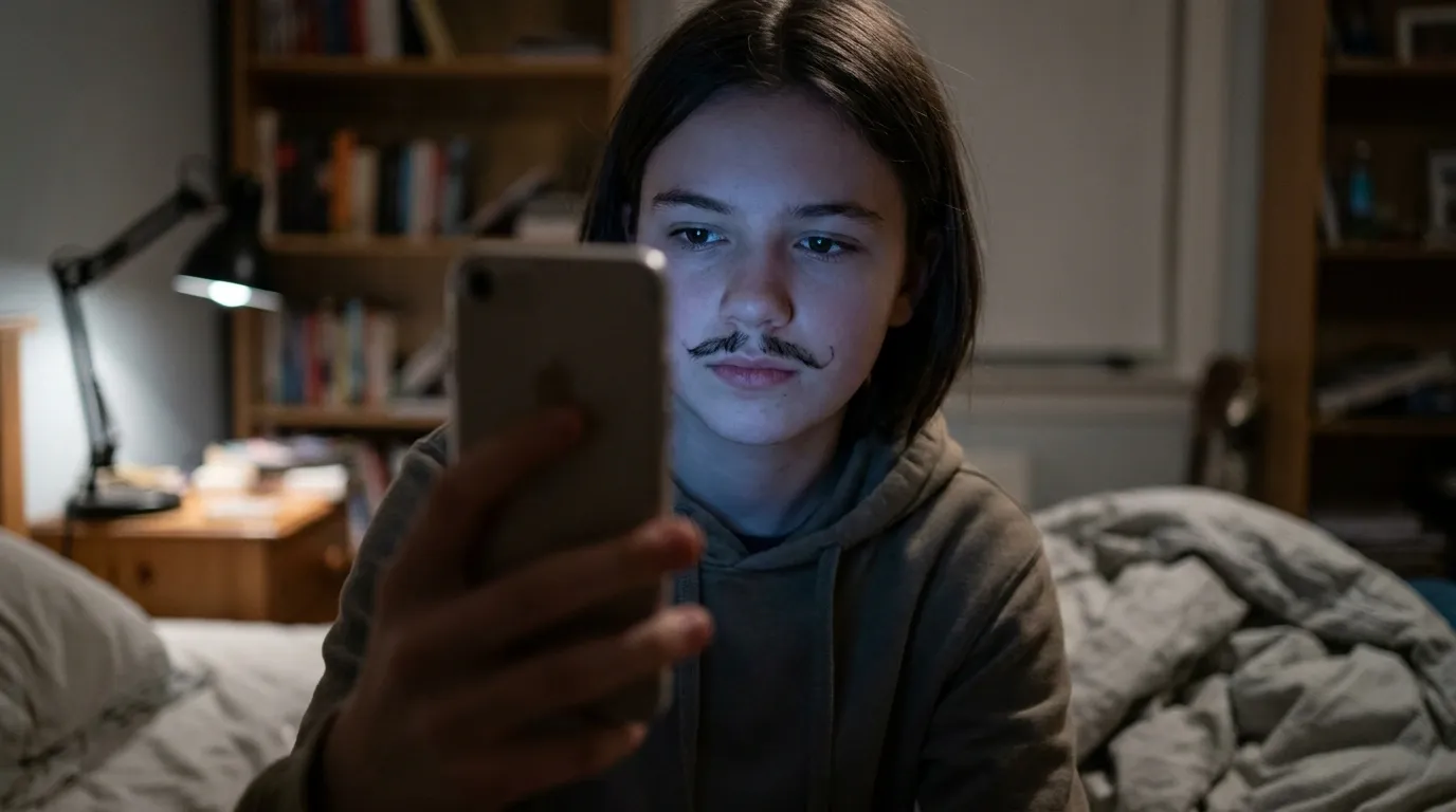 Teenager with drawn mustache is passing age verification on their smartphone
