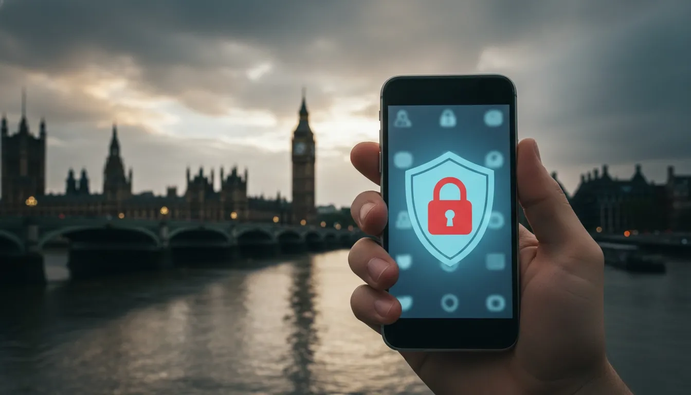 A person holding a smartphone with a locked-out VPN with a London skyline in the background